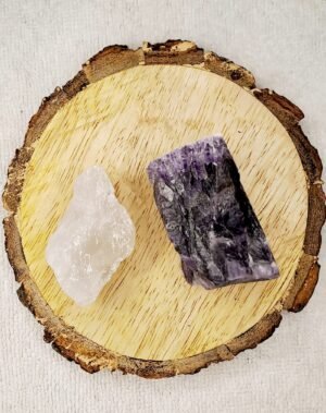 Clear Quartz and Amethyst AAA Grade Raw Natural Crystal Combo with Wooden Natural Bark Coaster for Healing, Meditation and Manifestation