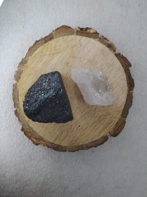 Hematite and Clear Quartz AAA Grade Raw Natural Crystal Combo with Wooden Natural Bark Coaster for Healing, Meditation and Manifestation