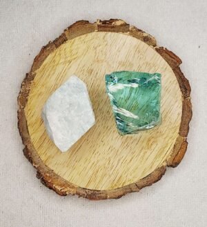 Amazonite + Aqua Marine Obsidian AAA Grade Raw Natural Crystal Combo with Wooden Natural Bark Coaster for Healing, Meditation and Manifestation