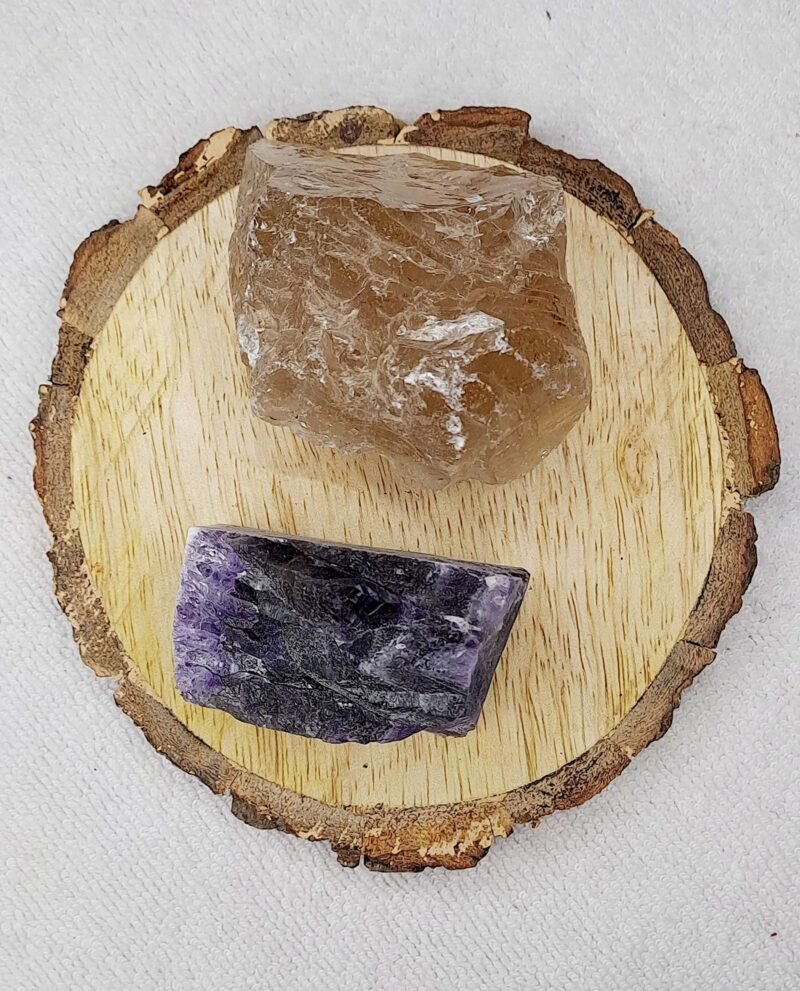 Divinity Healing Amethyst and Smoky Quartz AAA Grade Raw Natural Crystal Combo with Wooden Natural Bark Coaster for Healing, Meditation and Manifestation Natural Healing Crystals Abundance Stones 10