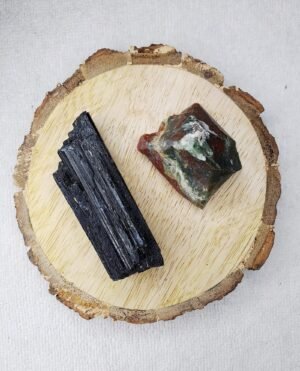 Black Tourmaline and Blood Stone AAA Grade Raw Natural Crystal Combo with Wooden Natural Bark Coaster for Healing, Meditation and Manifestation