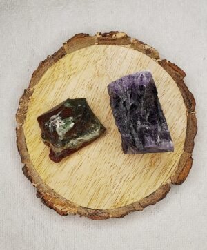 Blood Stone and Amethyst AAA Grade Raw Natural Crystal Combo with Wooden Natural Bark Coaster for Healing, Meditation and Manifestation