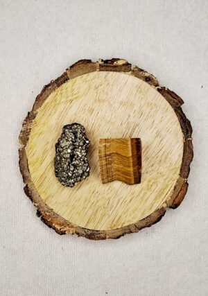 Pyrite and Tiger Eye AAA Grade Raw Natural Crystal Combo with Wooden Natural Bark Coaster for Healing, Meditation and Manifestation