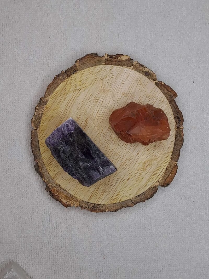Divinity Healing Amethyst and Carnelian AAA Grade Raw Natural Crystal Combo with Wooden Natural Bark Coaster for Healing, Meditation and Manifestation Natural Healing Crystals Abundance Stones 12