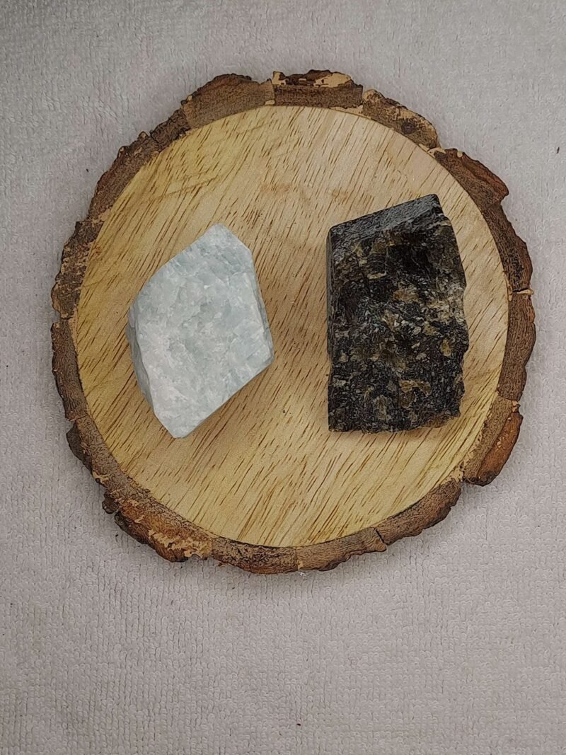 Divinity Healing Amazonite + Labradorite AAA Grade Raw Natural Crystal Combo with Wooden Natural Bark Coaster for Healing, Meditation and Manifestation Natural Healing Crystals Abundance Stones 10
