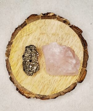 Pyrite and Rose Quartz AAA Grade Raw Natural Crystal Combo with Wooden Natural Bark Coaster for Healing, Meditation and Manifestation