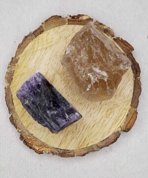 Amethyst and Smoky Quartz AAA Grade Raw Natural Crystal Combo with Wooden Natural Bark Coaster for Healing, Meditation and Manifestation