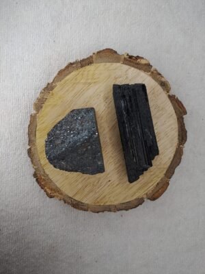 Hematite and Black Tourmaline AAA Grade Raw Natural Crystal Combo with Wooden Natural Bark Coaster for Healing, Meditation and Manifestation