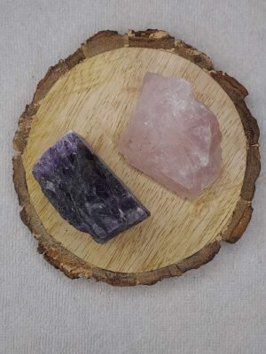 Amethyst and Rose Quartz AAA Grade Raw Natural Crystal Combo with Wooden Natural Bark Coaster for Healing, Meditation and Manifestation