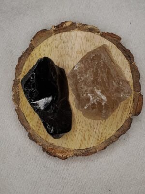 Black Obsidian and Smoky Quartz AAA Grade Raw Natural Crystal Combo with Wooden Natural Bark Coaster for Healing, Meditation and Manifestation