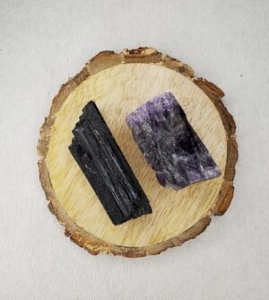 Black Tourmaline and Amethyst AAA Grade Raw Natural Crystal Combo with Wooden Natural Bark Coaster for Healing, Meditation and Manifestation