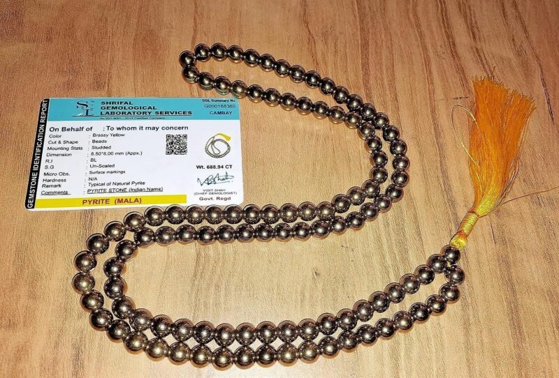 Divinity Healing Golden Pyrite Jaap Mala 108-8 mm Beads for Prosperitiy Wealth Willpower and Financial Abundance with 1 Palo Santo Smude and 1 California White Sage Smudge Stick Crystal Mala Abundance Stones 15