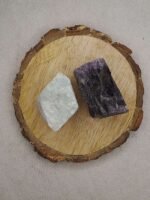 Divinity Healing Amazonite + Amethyst AAA Grade Raw Natural Crystal Combo with Wooden Natural Bark Coaster for Healing, Meditation and Manifestation Natural Healing Crystals Abundance Stones 13